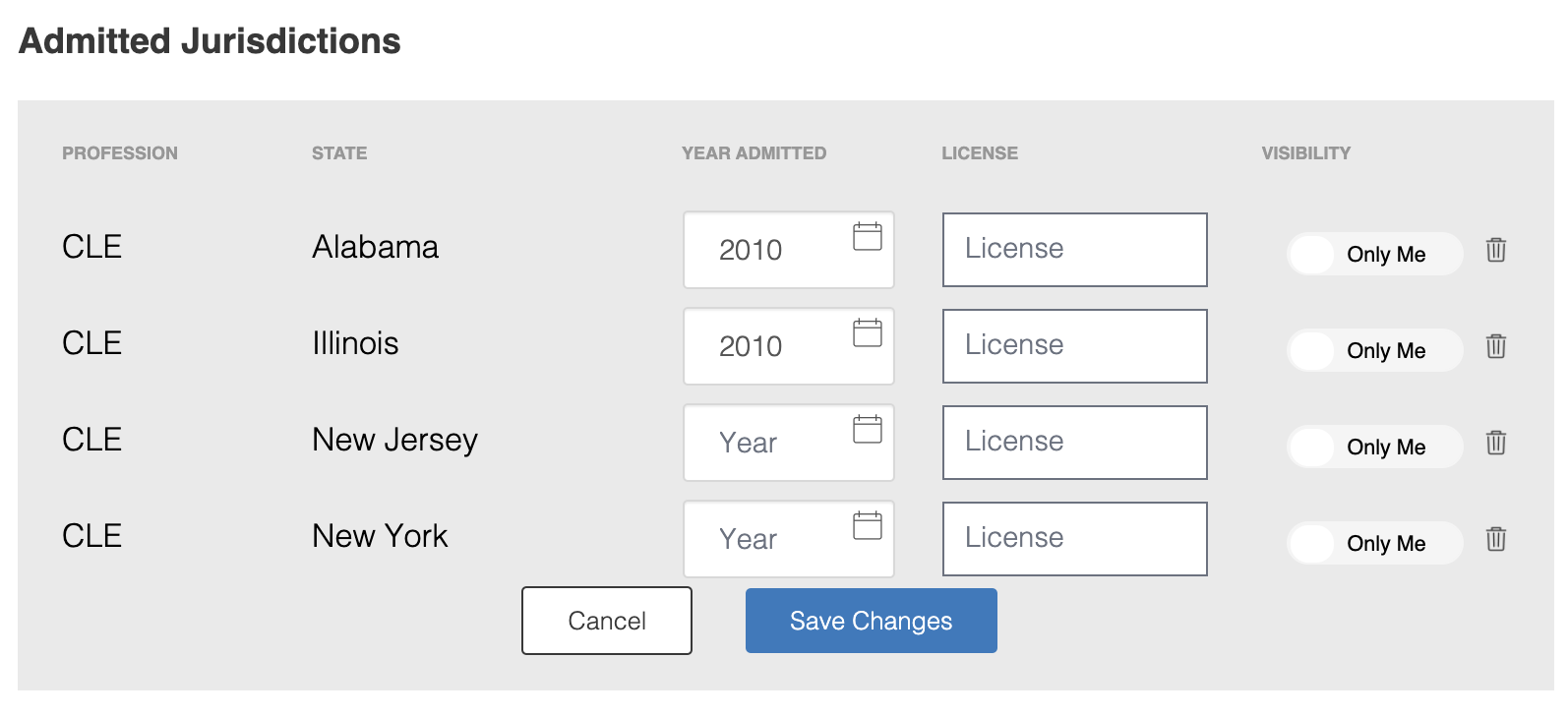 Admitted Jurisdictions section of the profile once the pencil icon is clicked and all fields are editable