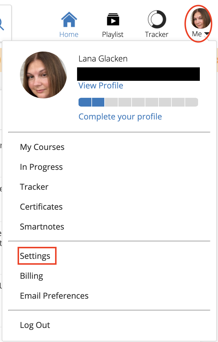 Me menu opened to show the Settings option