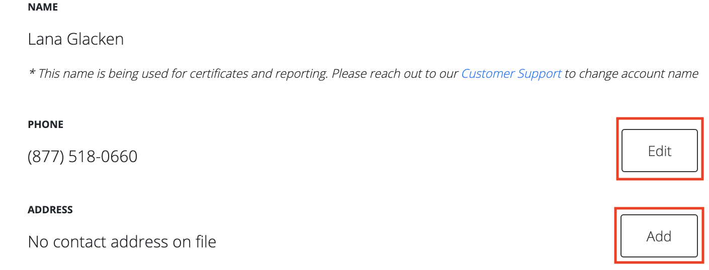 Contact Information section highlighting the Edit and Add buttons