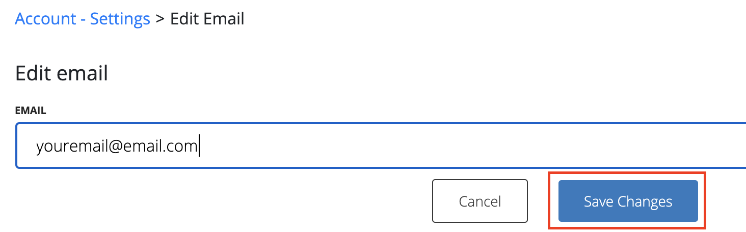 Edit email section with Save Changes button highlighted in red