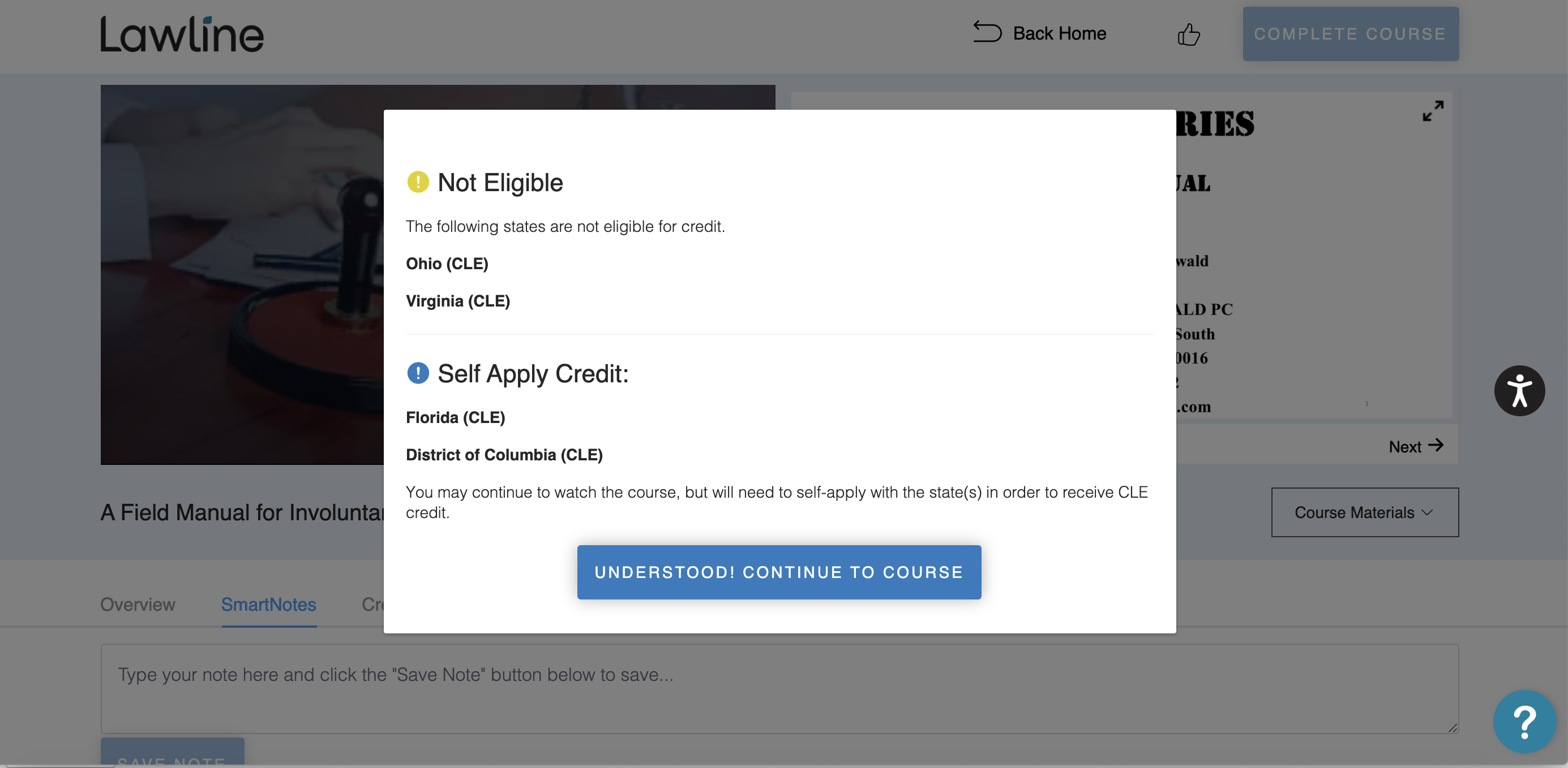 Self Apply pop-up message in the course center