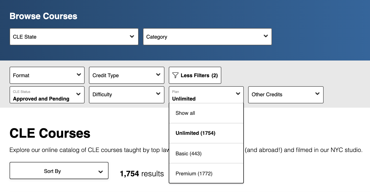 Screen grab of the Plan filter opened up to reveal options for Basic, Unlimited, and Premium