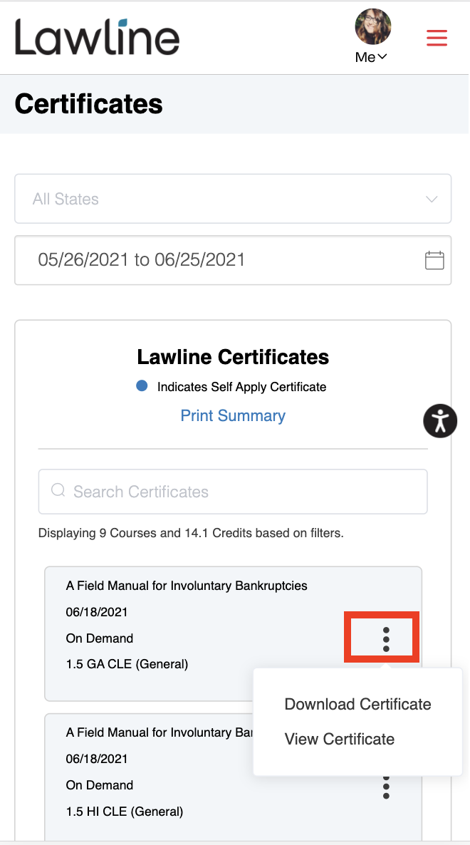 Photo of certificates page with three dot option highlighted
