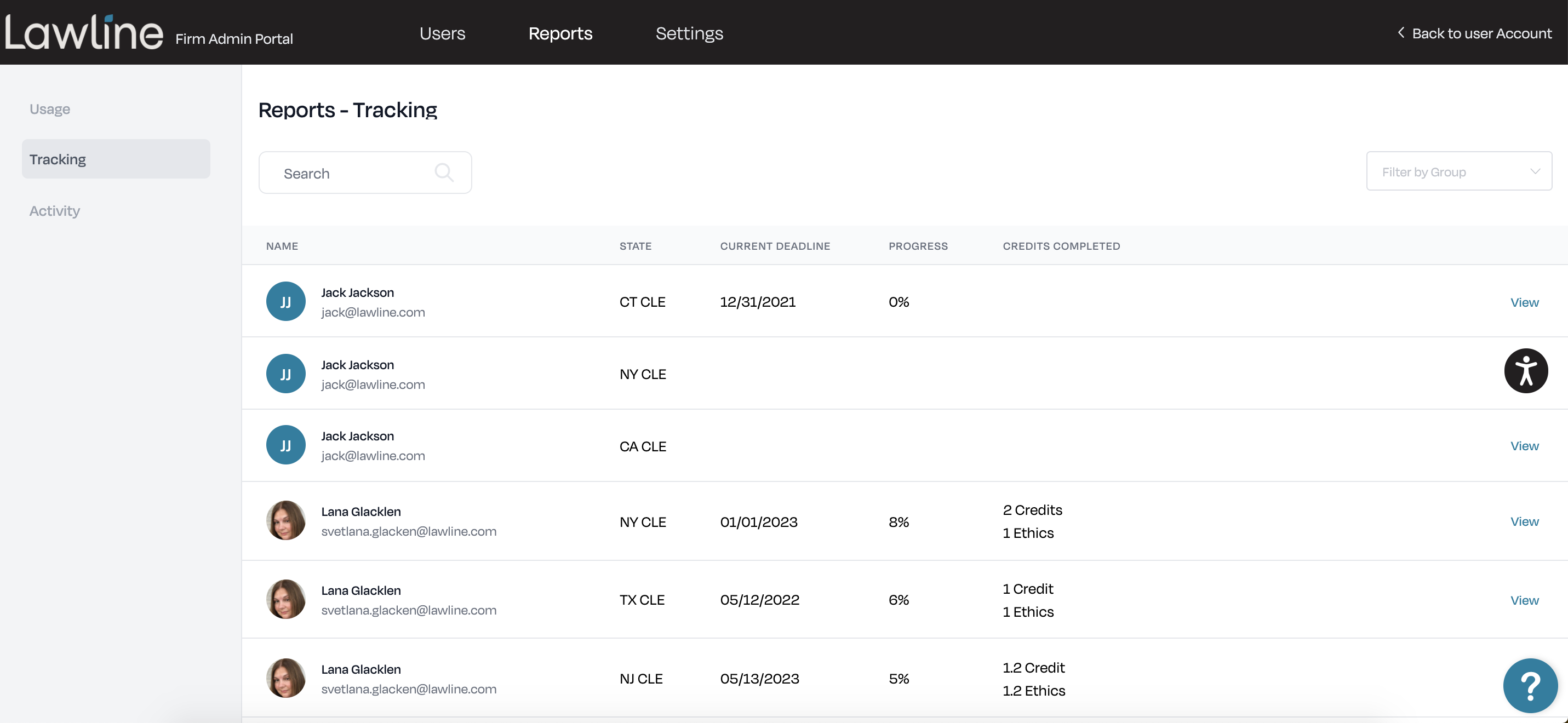 Trackers tab showing CLE activity of multiple attorneys