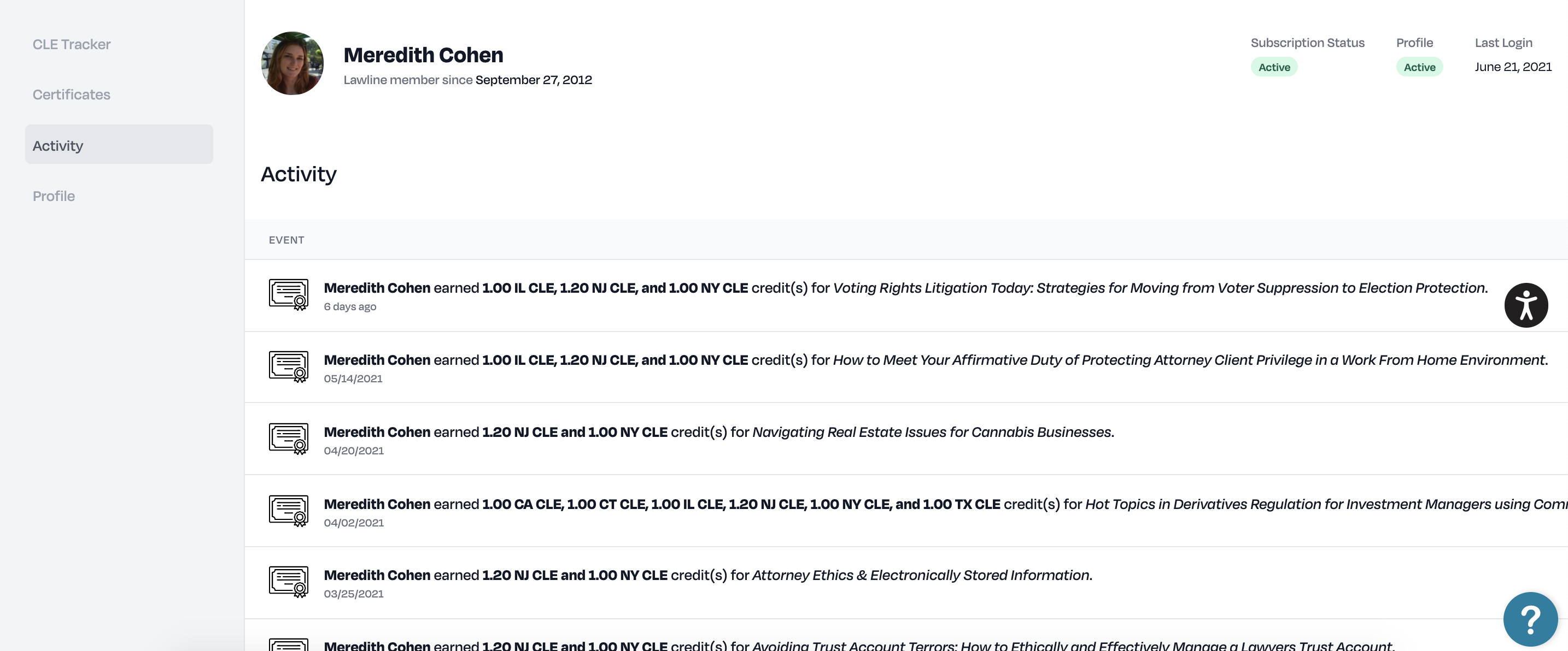 Screen shot of the Activity tab for a firm user