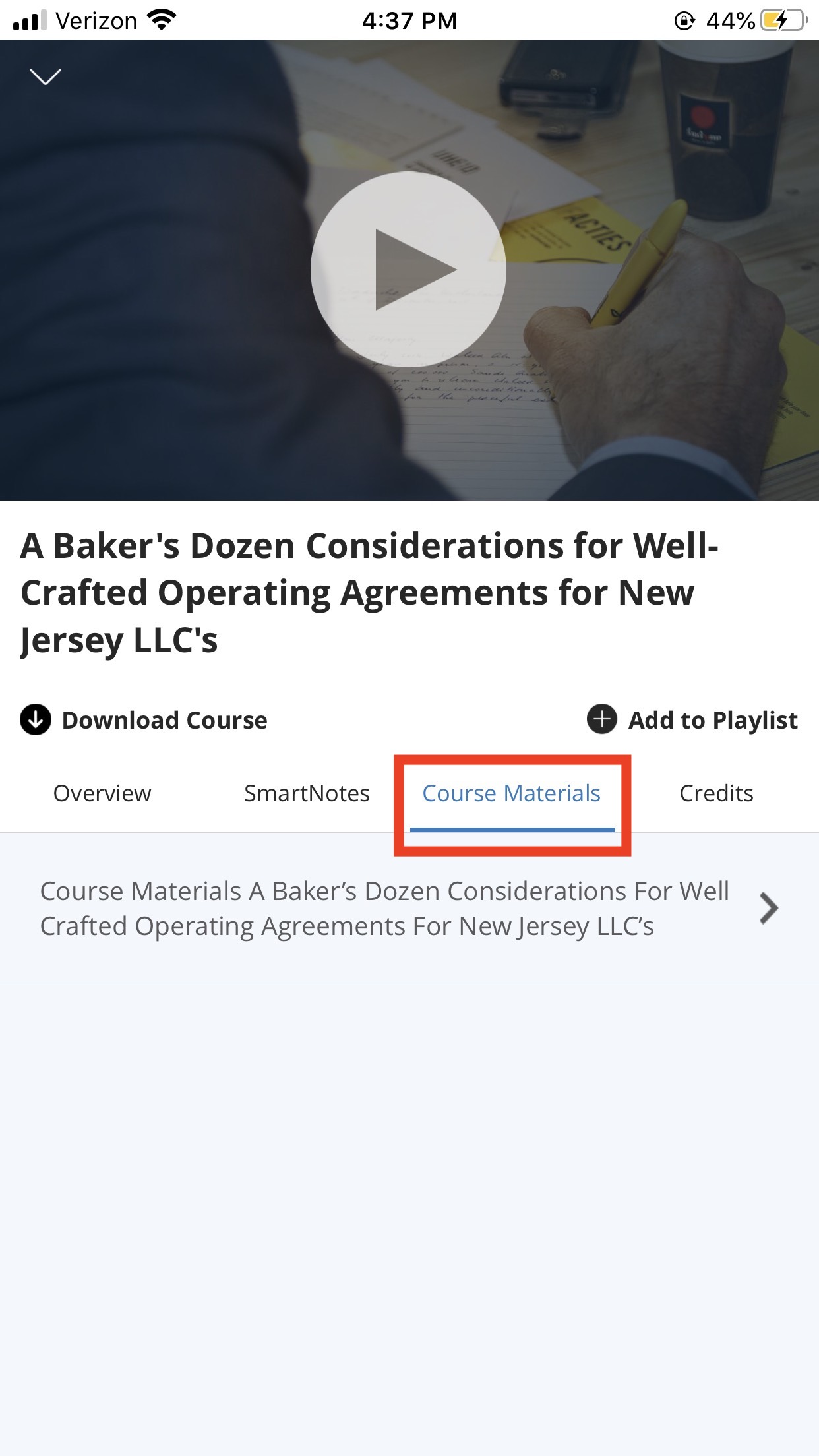 Screenshot of course materials tab in app