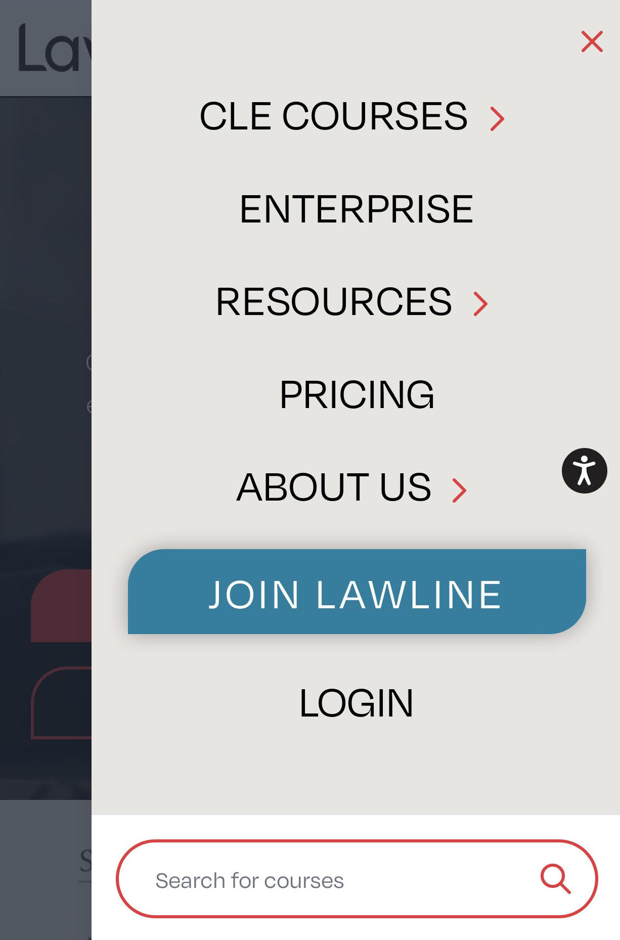 drop down menu on Lawline homepage with login option at the bottom of the list 
