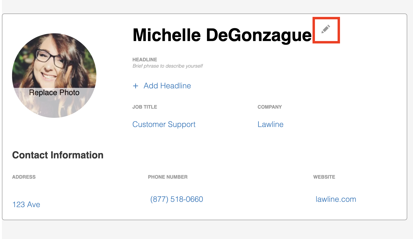 Screenshot of contact information in Public Profile with editing pencil highlighted