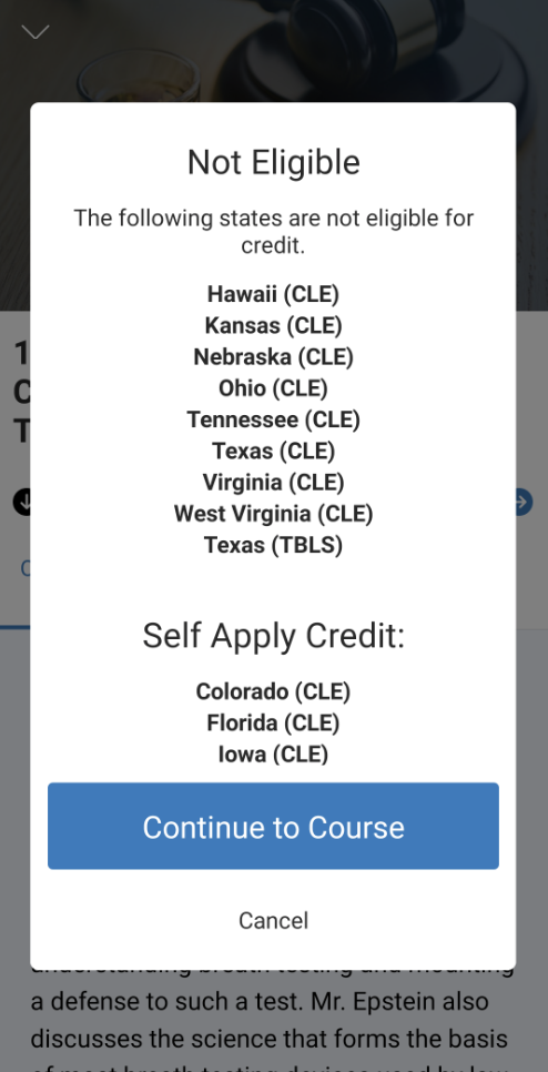 Screenshot of inelligible CLE states and continue to course option
