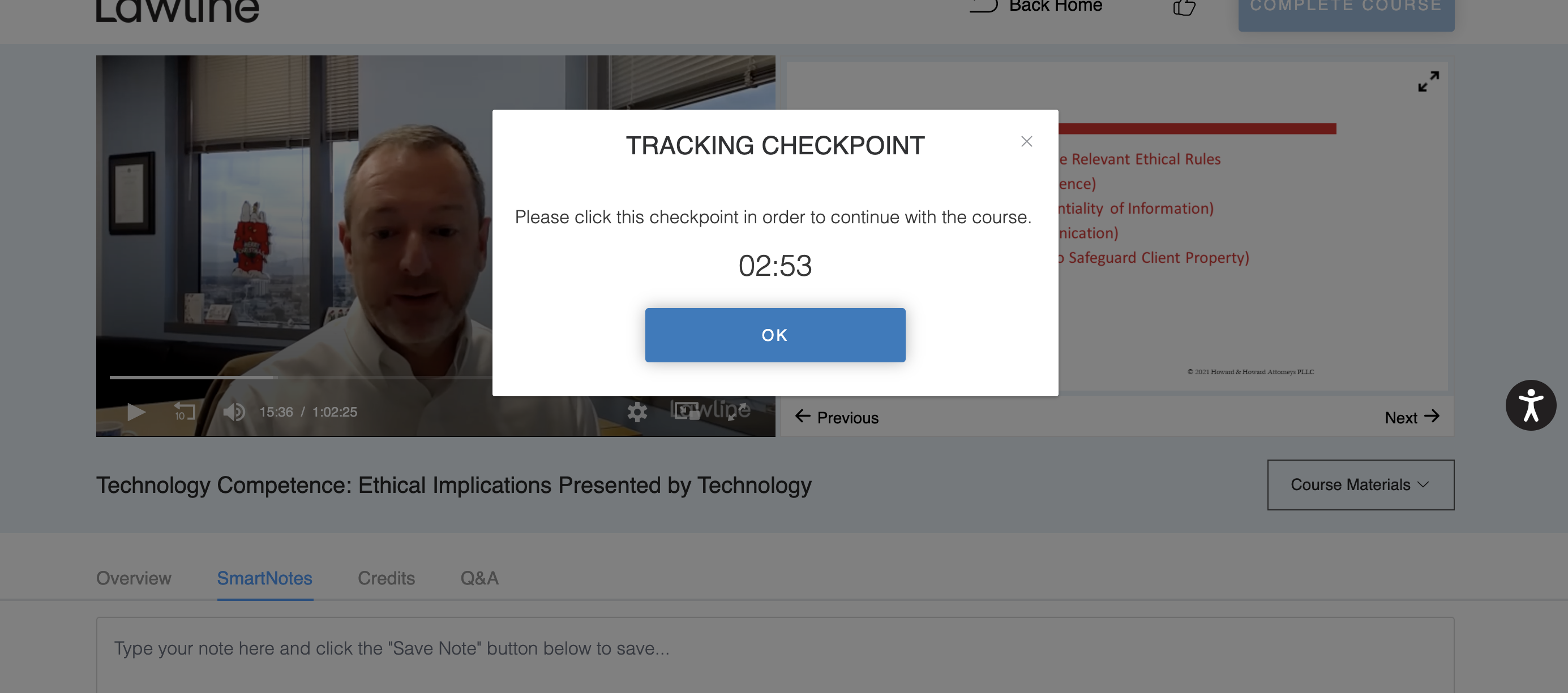 verification checkpoint pop up in center of screen with blue OK button