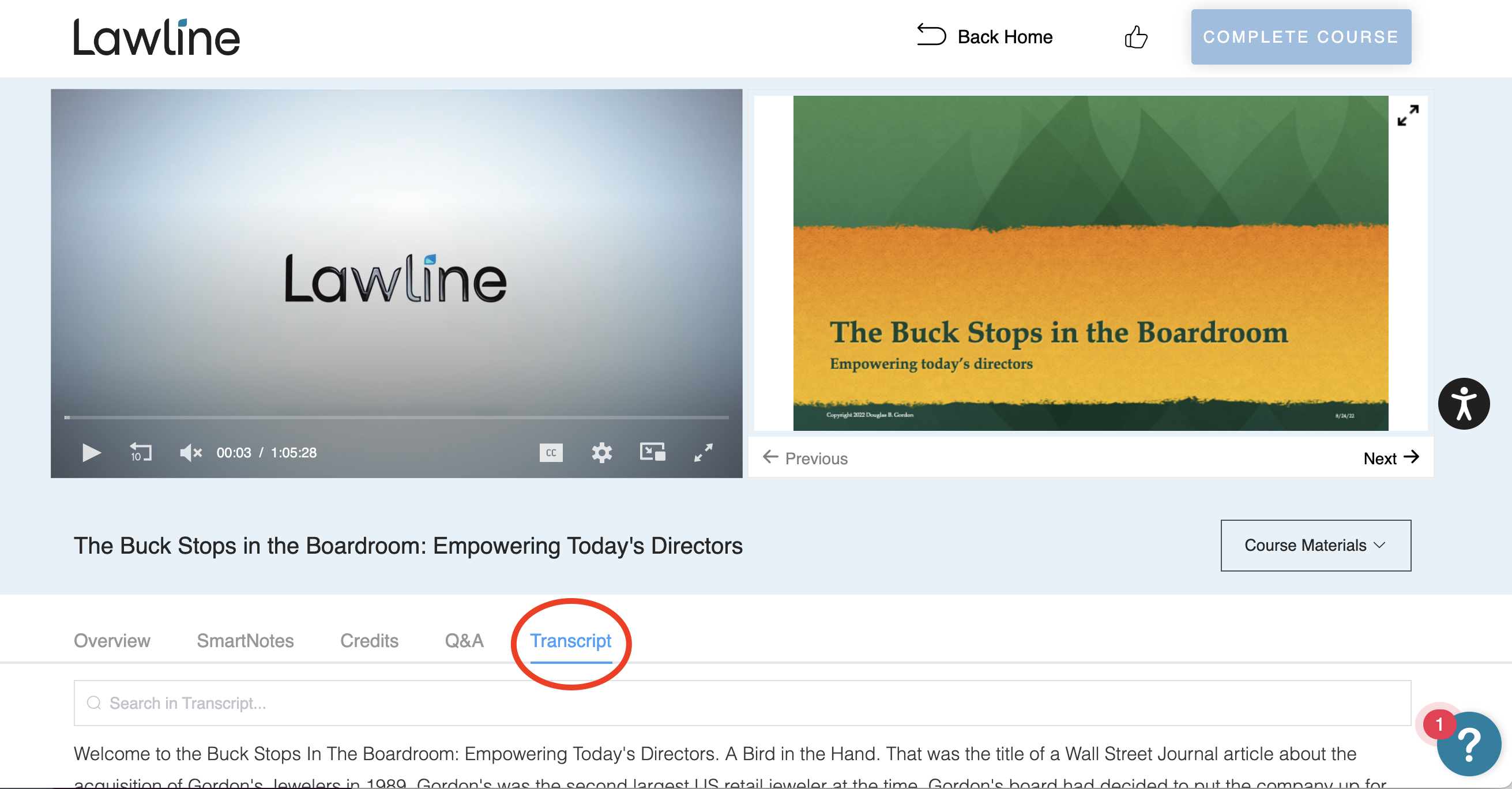 Lawline course page with the program, “The Buck Stops in the Boardroom: Empowering Today’s Directors,” playing. The transcript tab directly below the video is circled in red.